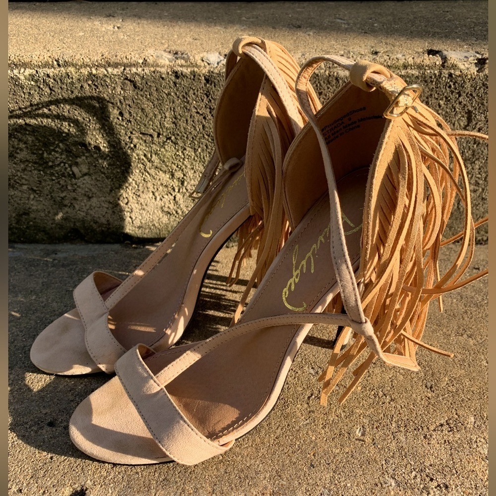 Privileged Women’s Elegant Suede Fringe Strada Heels W/ Ankle Strap Tan - Size 9